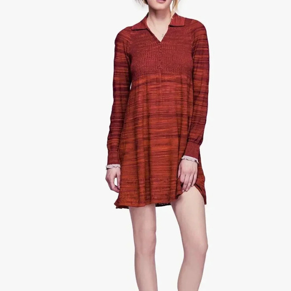 Free People Dresses & Skirts - Free People Rain or Shine Dress Knit Sweater Long Sleeve Collared Pleated Small